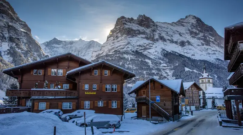 Grindelwald ski resort village in winter in the Swiss Alps