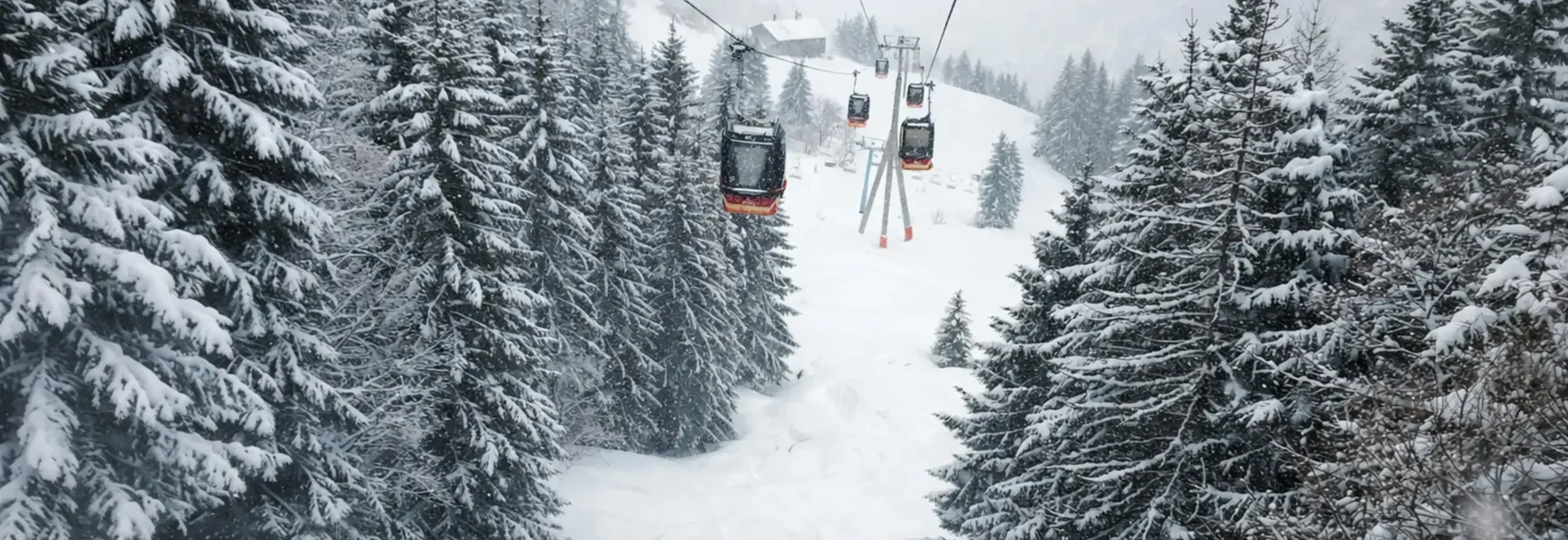 Gondola cabins travelling through snow-covered fir trees at a ski resort