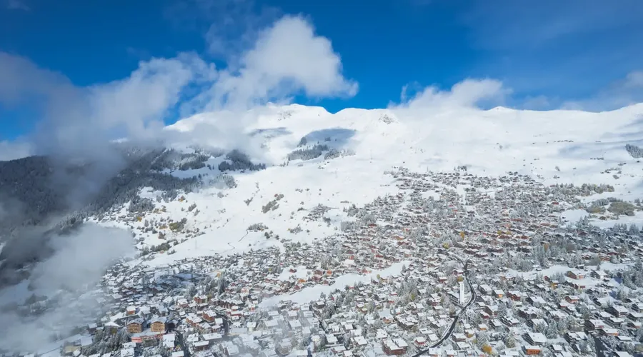 Panoramic winter view of Verbier ski resort in Valais, Switzerland